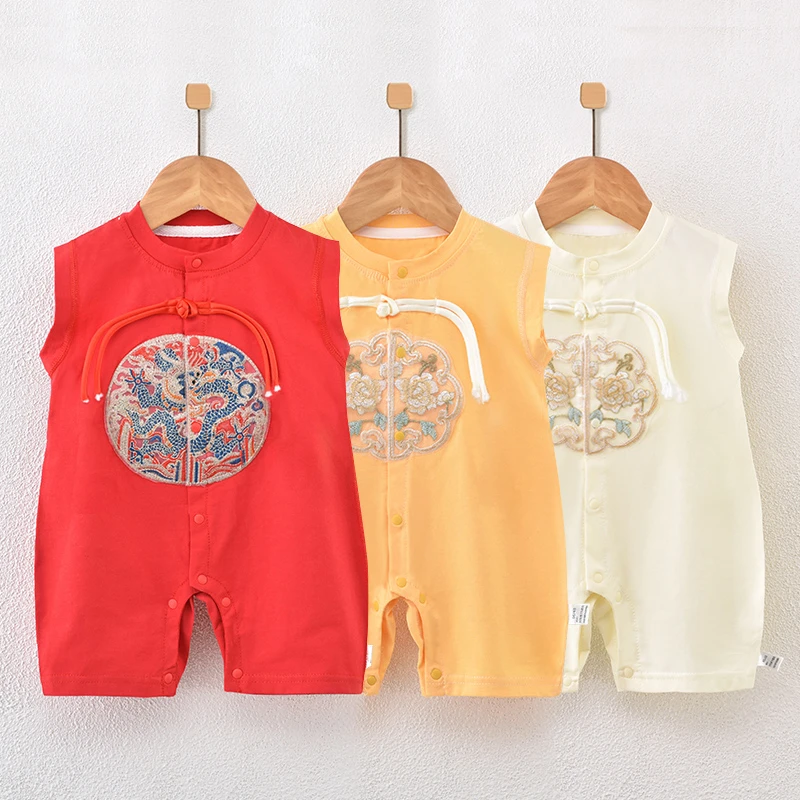 婴儿连体衣无袖中国风薄款透气哈衣新生幼儿爬服洋气宝宝衣服夏装