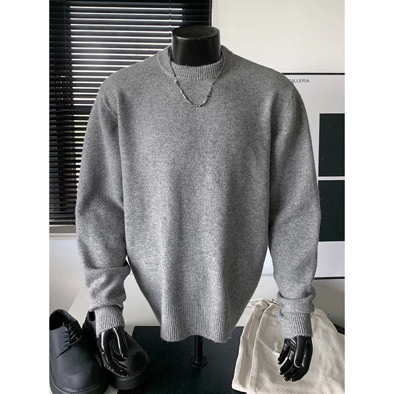 浅灰色圆领毛衣男秋冬季oversize慵懒风宽松针织衫简约百搭打底衫