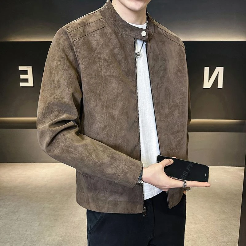 灏吉弧爆款外套男春秋季2025新款潮牌高级感麂皮绒机车夹克立领