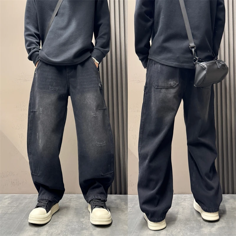 长裤男2025秋冬复古水洗男加绒牛仔裤阔腿裤美式潮流直筒牛仔裤