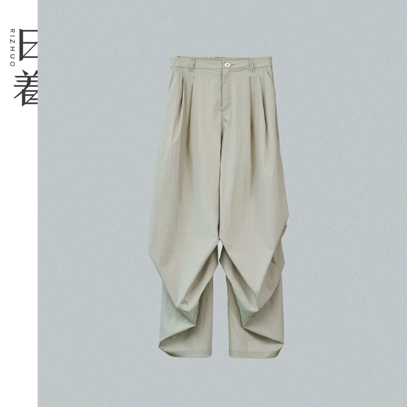 日着寻灰绿休闲裤女2025夏季新款轻薄设计感压褶哈伦裤Z252071K2