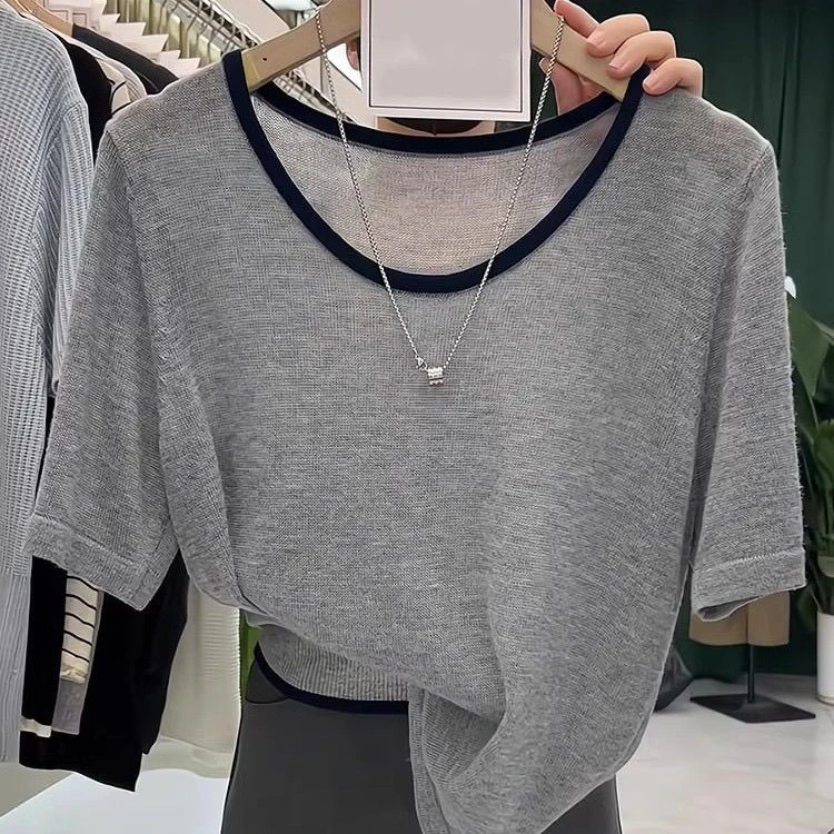 特大码2-300斤设计感宽松短袖针织衫女夏季胖mm撞色冰丝小衫上衣