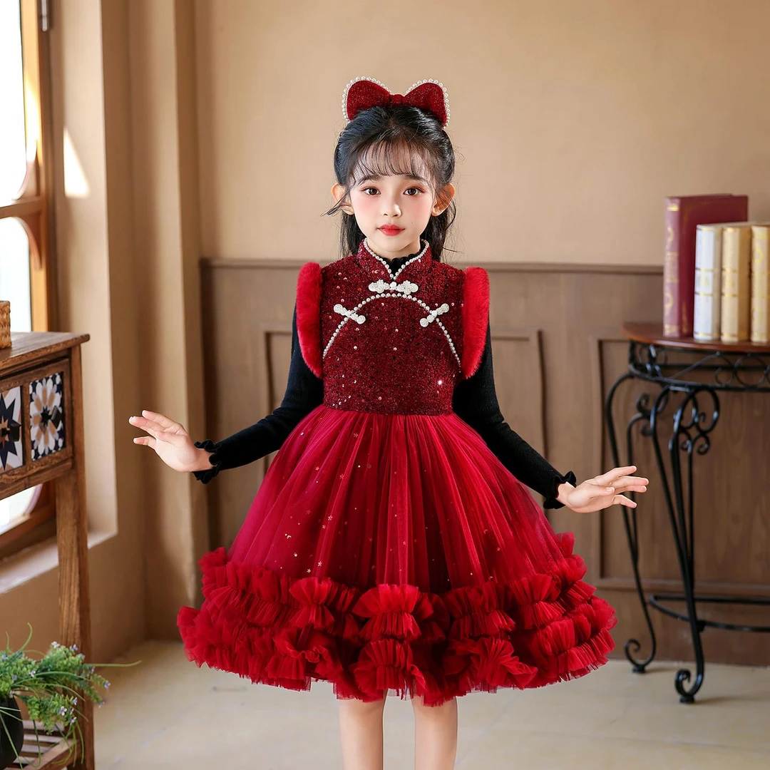女童连衣裙2026冬装新款儿童公主裙过年服小女孩新年服装裙子秋冬