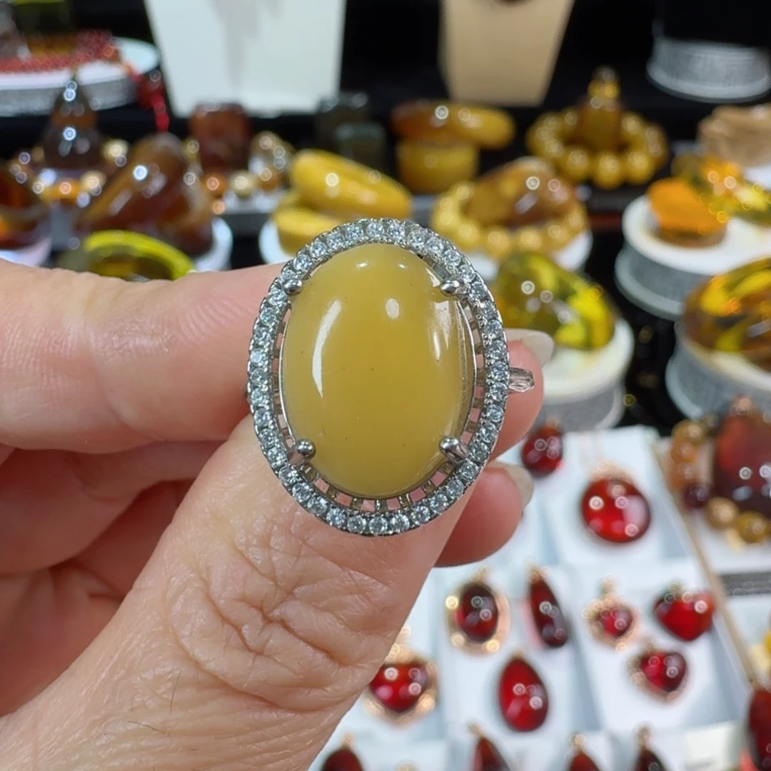 琥珀裸石银S925镶嵌天然缅甸蜜蜡戒指