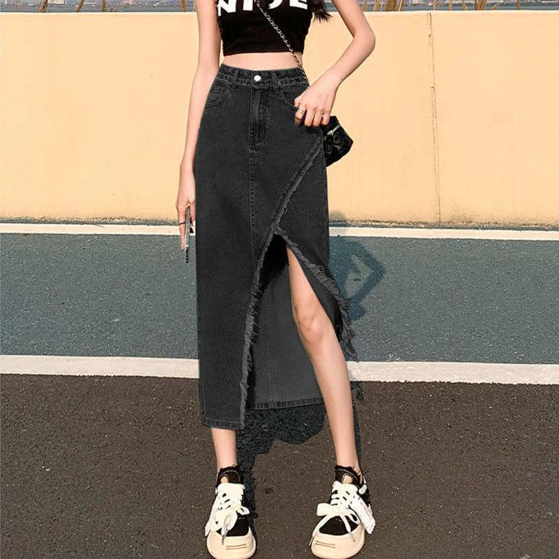 高腰显瘦牛仔半身裙设计感女2024年春季新款不规则开叉显瘦包臀裙