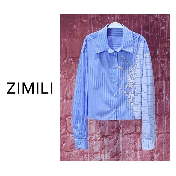 【亮哥女装】2025早秋新品经典蓝色条纹拼接刺绣休闲衬衫9283-D6