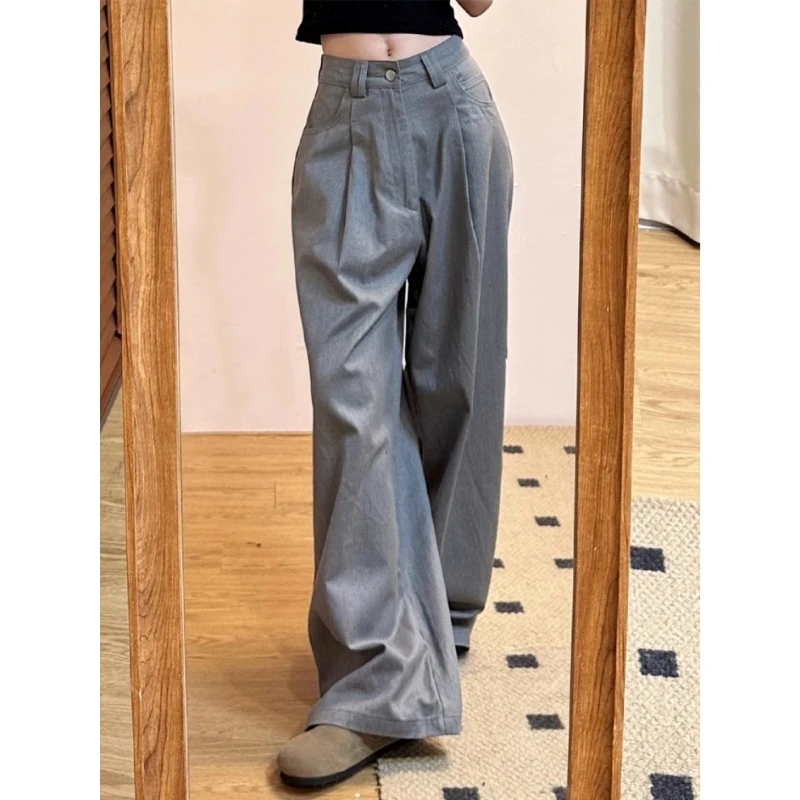 美式复古灰色阔腿休闲裤女夏季设计感高腰宽松显瘦百搭直筒休闲裤