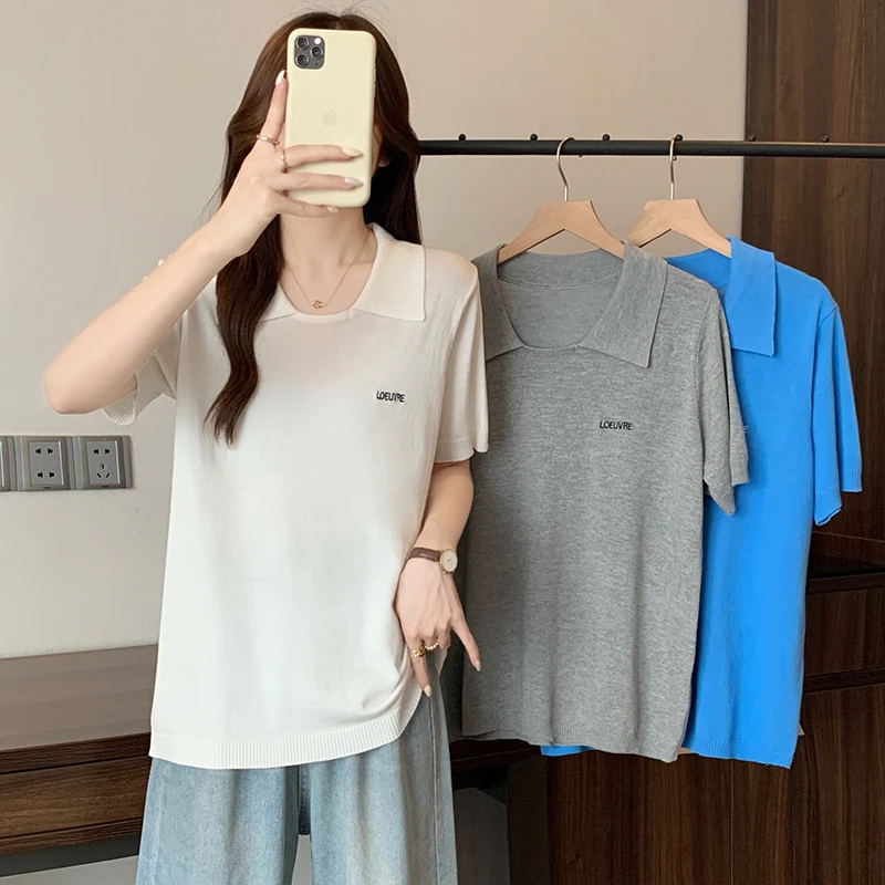大码女装2025夏季新款polo领通勤百搭字母毛针织上衣T桖显瘦50060