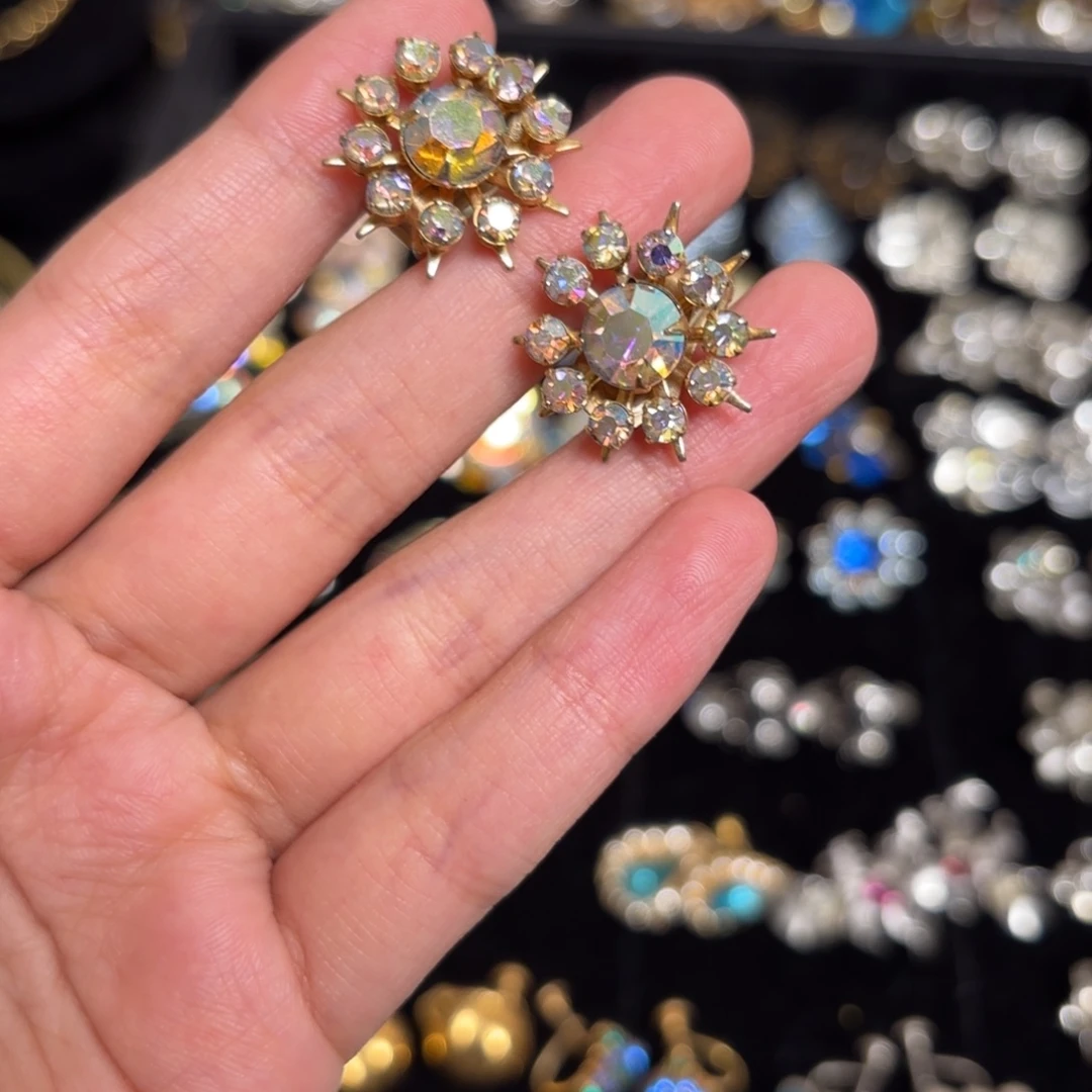 锆石纯铜合金中古雪花莱茵石耳夹