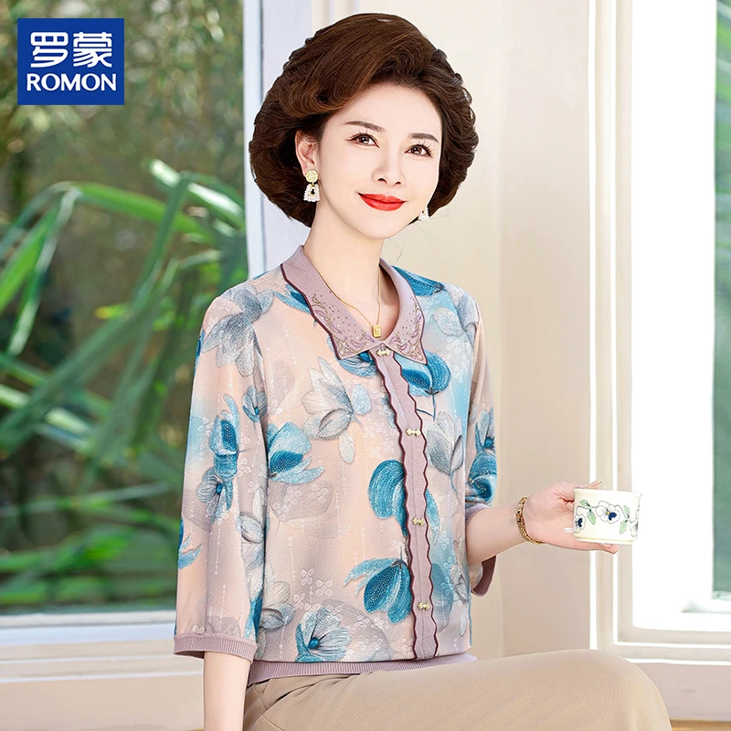 罗蒙妈妈春季新款针织长袖时尚花纹开衫中老年女士春夏百搭打底衫
