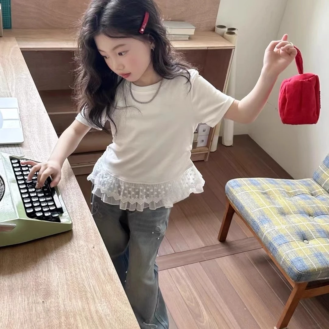 韩国童装夏季新款白色蕾丝花边女童拼接短袖儿童洋气时髦t恤上衣