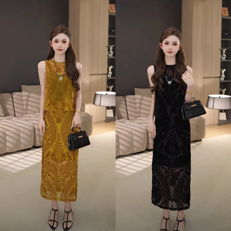 高级感轻奢复古2025夏季穿搭新款后背开叉提花裙子套装长裙蕾丝