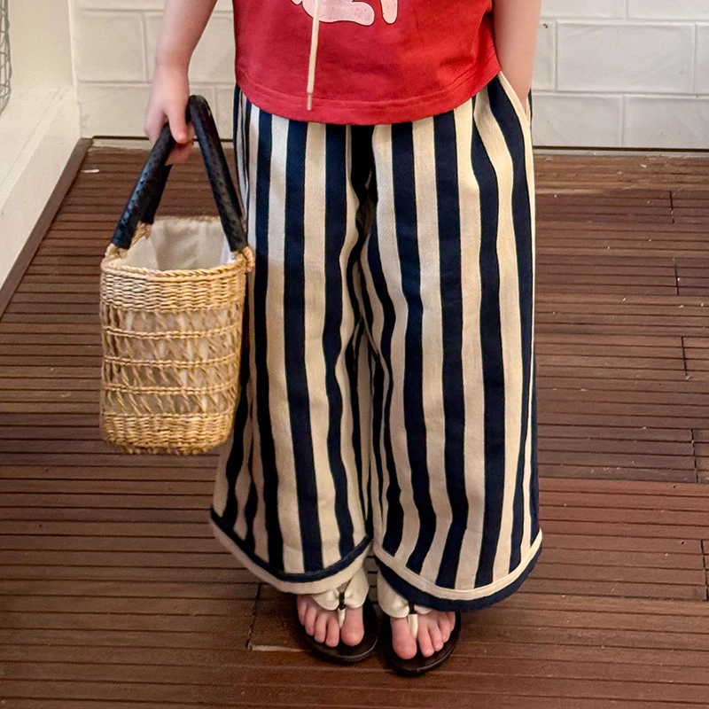 【现货清仓】女童夏季宽松时髦直筒裤儿童百搭卷边竖条纹裤潮25B067