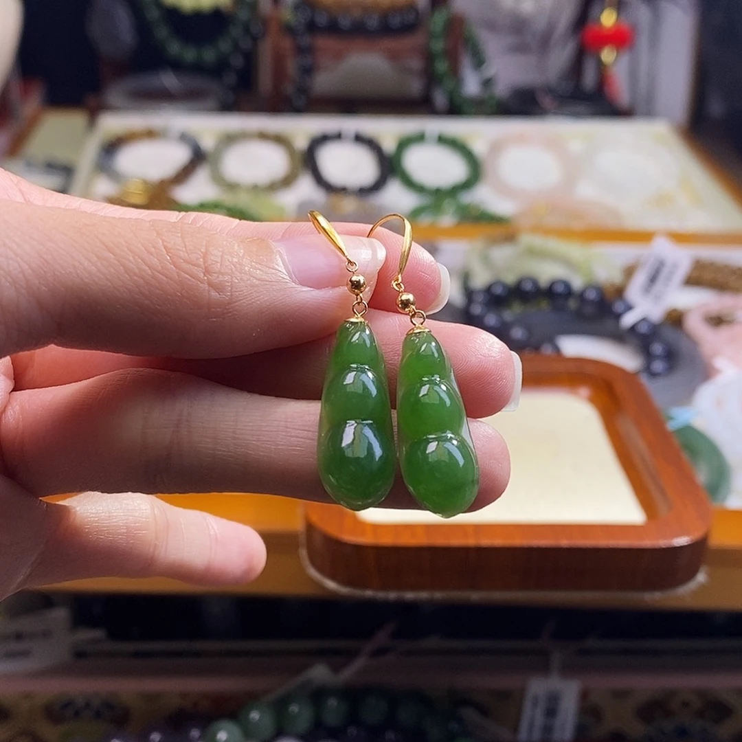 颈饰未镶嵌和田玉碧玉金镶福豆耳环