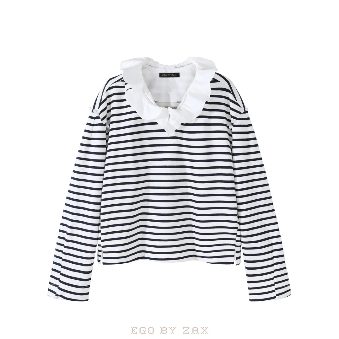 【左岸潇推荐】可露丽风立体木耳边百搭条纹卫衣