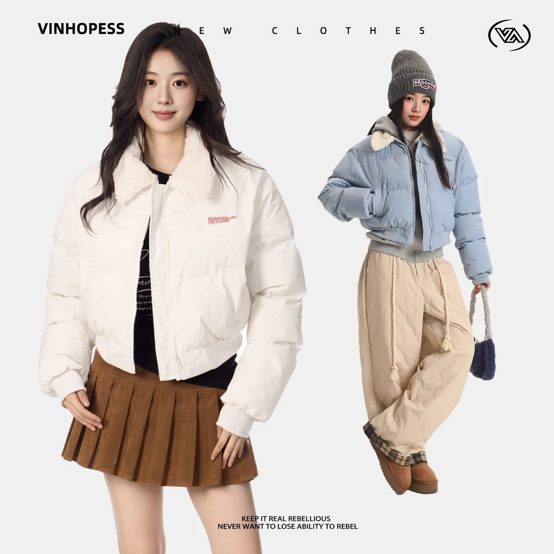 VINHOPESS/威宏丝冬季新款美式仿羊羔毛翻领短款棉服外套女2502