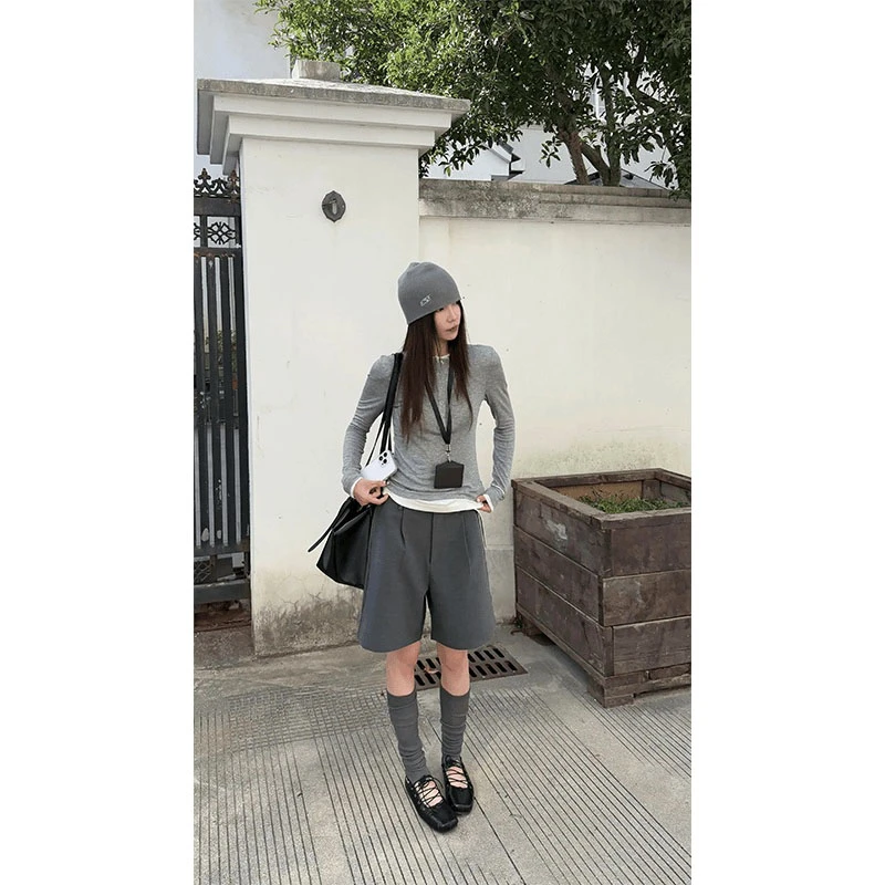 打底衫假两件扣子上衣内搭修身长袖T恤西装短裤高腰休闲阔腿裤女