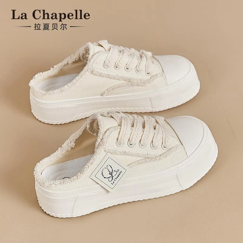 拉夏贝尔厚底半拖鞋女2025新款冬季小白鞋子懒人一脚蹬外穿帆布鞋