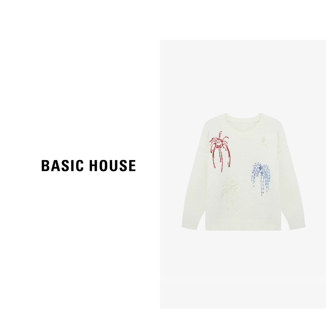 Basic House/百家好长袖针织时尚印花圆领冬毛衣-B06245I7262