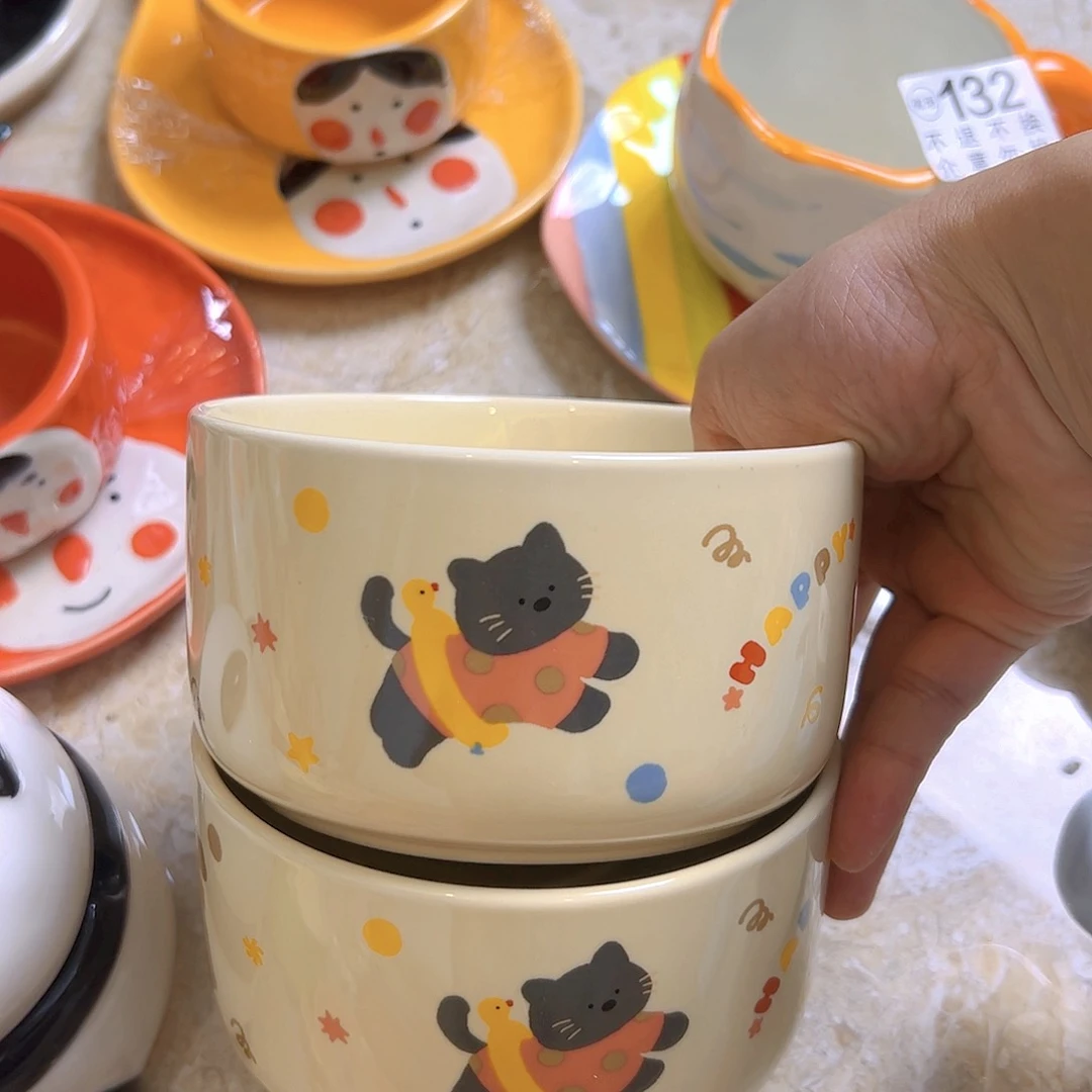 陶瓷2个黑猫米饭碗微瑕