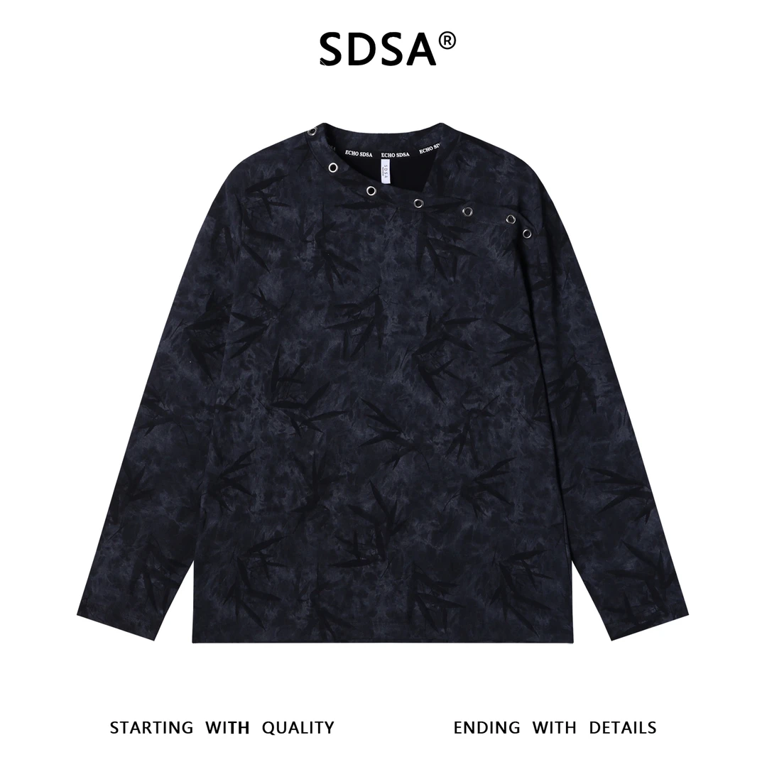 SDSA男士秋冬新款痞帅男装扎染竹叶印花鸡眼领口交叉长袖T恤百搭