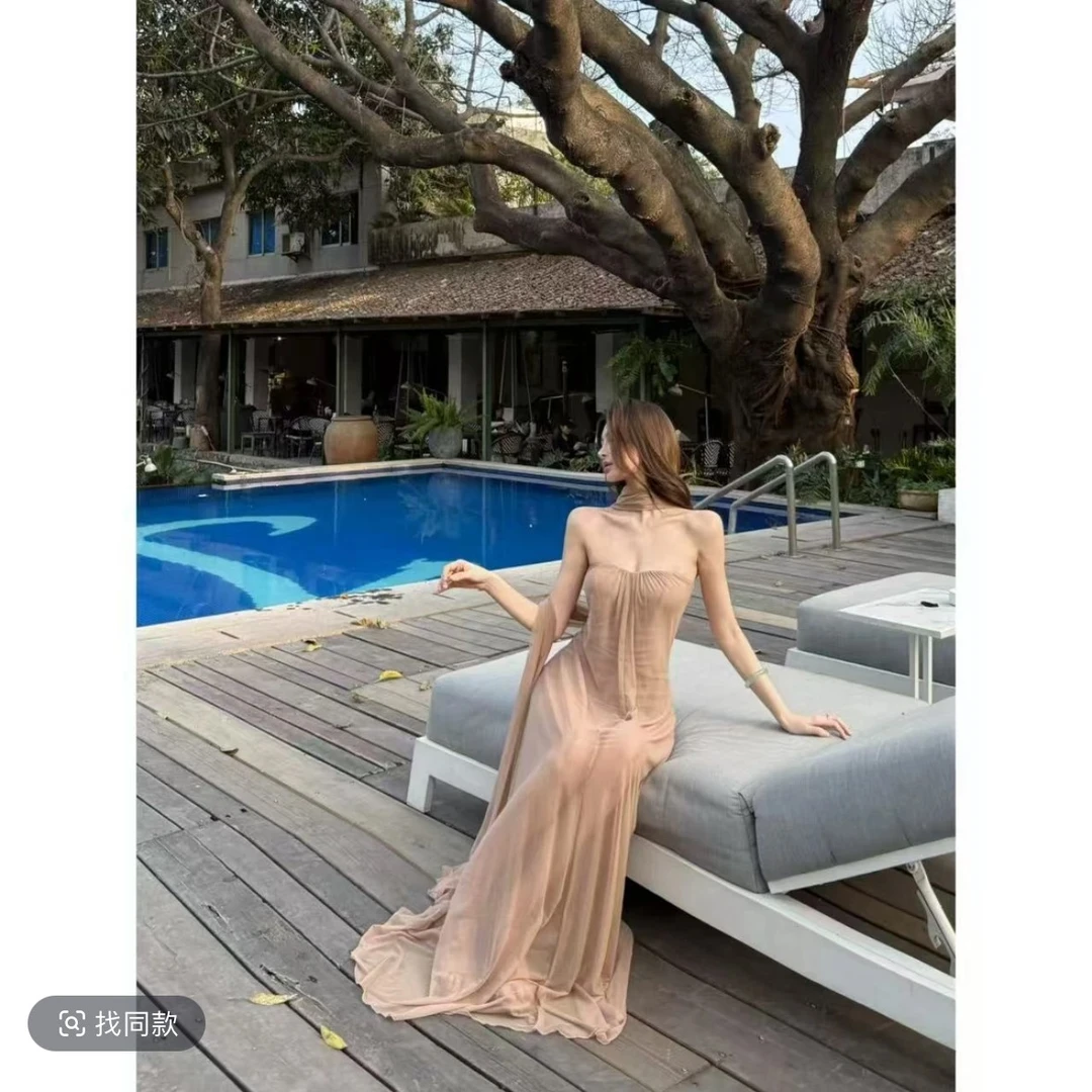 度假风性感网纱拼接飘带抹胸连衣裙夏季新款气质高级感礼服长裙