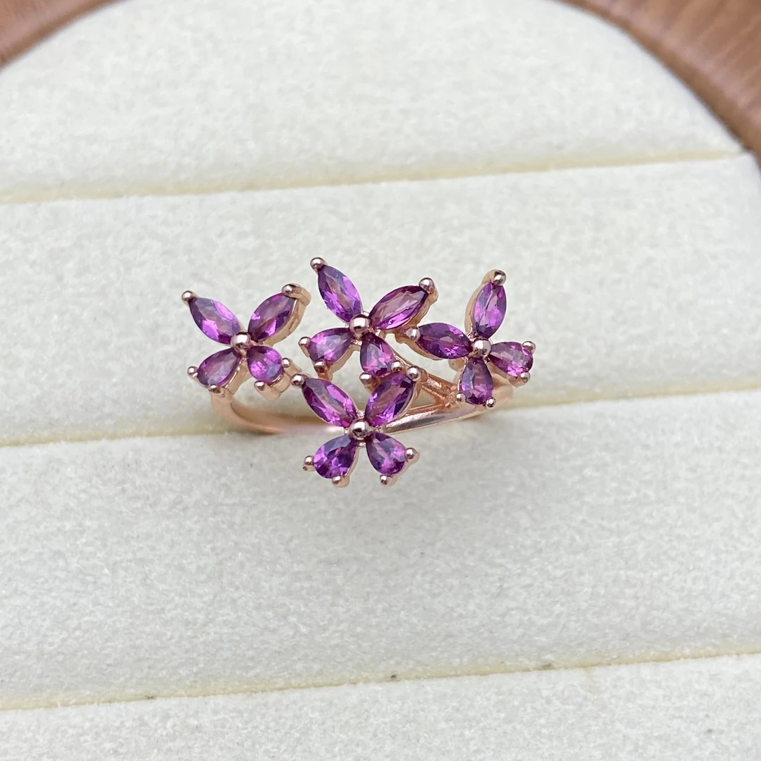 天然紫牙乌石榴石戒指通体S925银玫瑰金色轻奢精美时尚