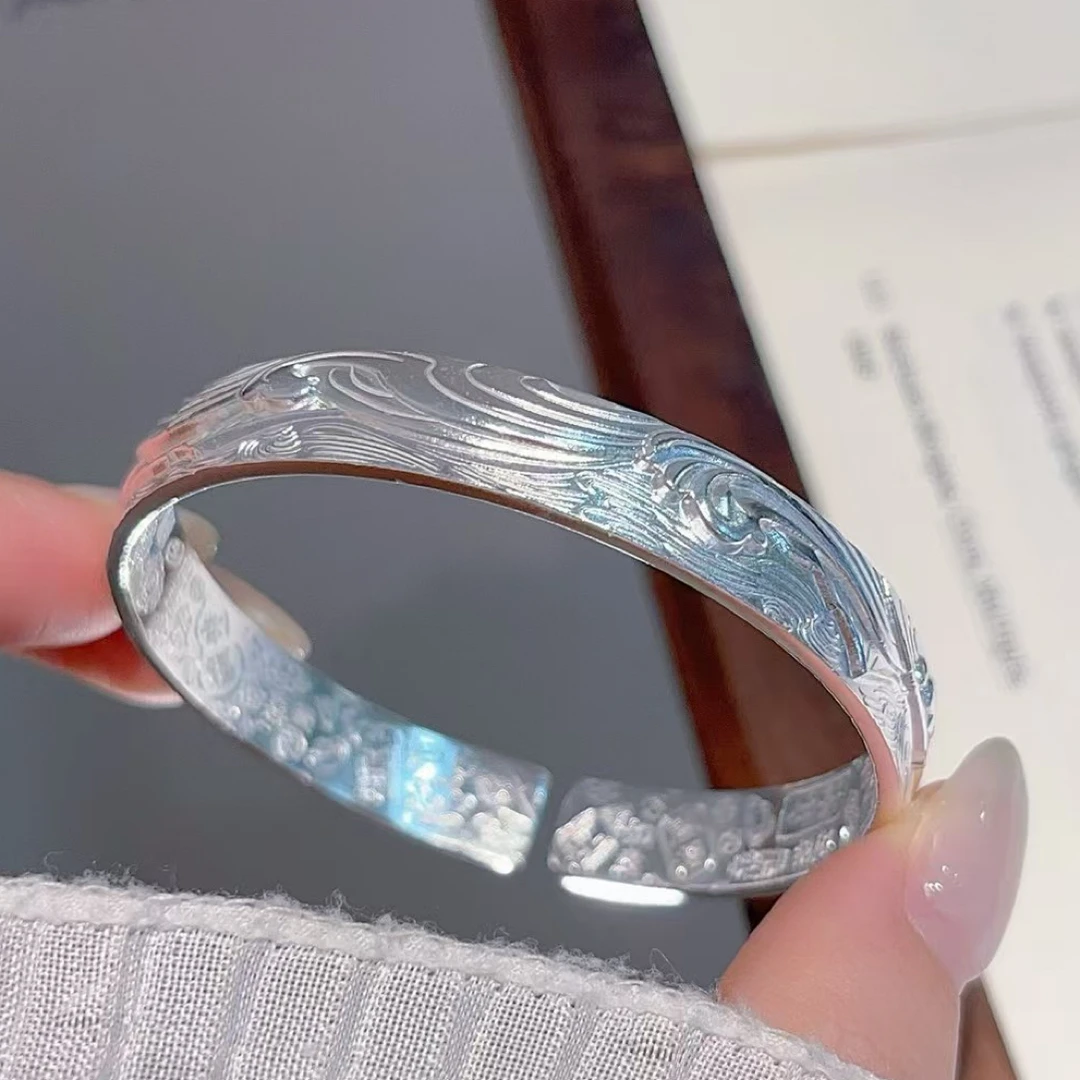 足银手镯 999.9手工海浪祥云龙凤福纹心经镯实心开口女款足银手镯