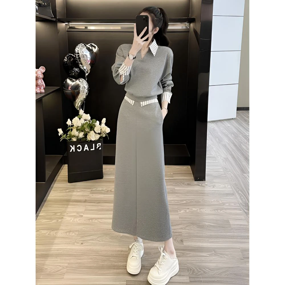 小个子灰色卫衣时尚套装裙女春季2025新款高级感半身裙长裙两件套