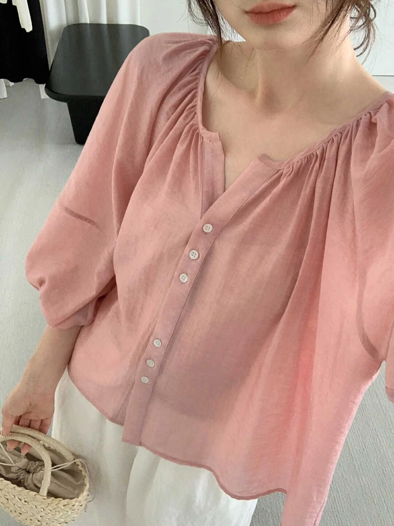 401中长款褶皱休闲风夏季泡泡袖衬衫时尚欧若智性风