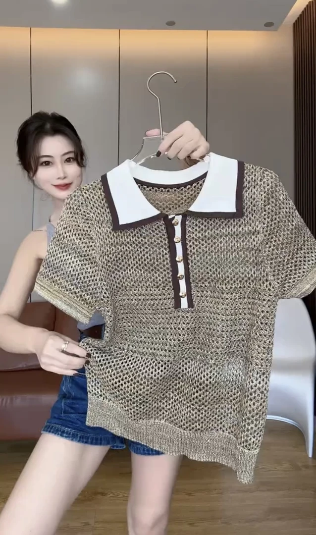 欧货2025夏季新款时尚百搭显瘦镂空设计感短袖针织衫女上衣潮