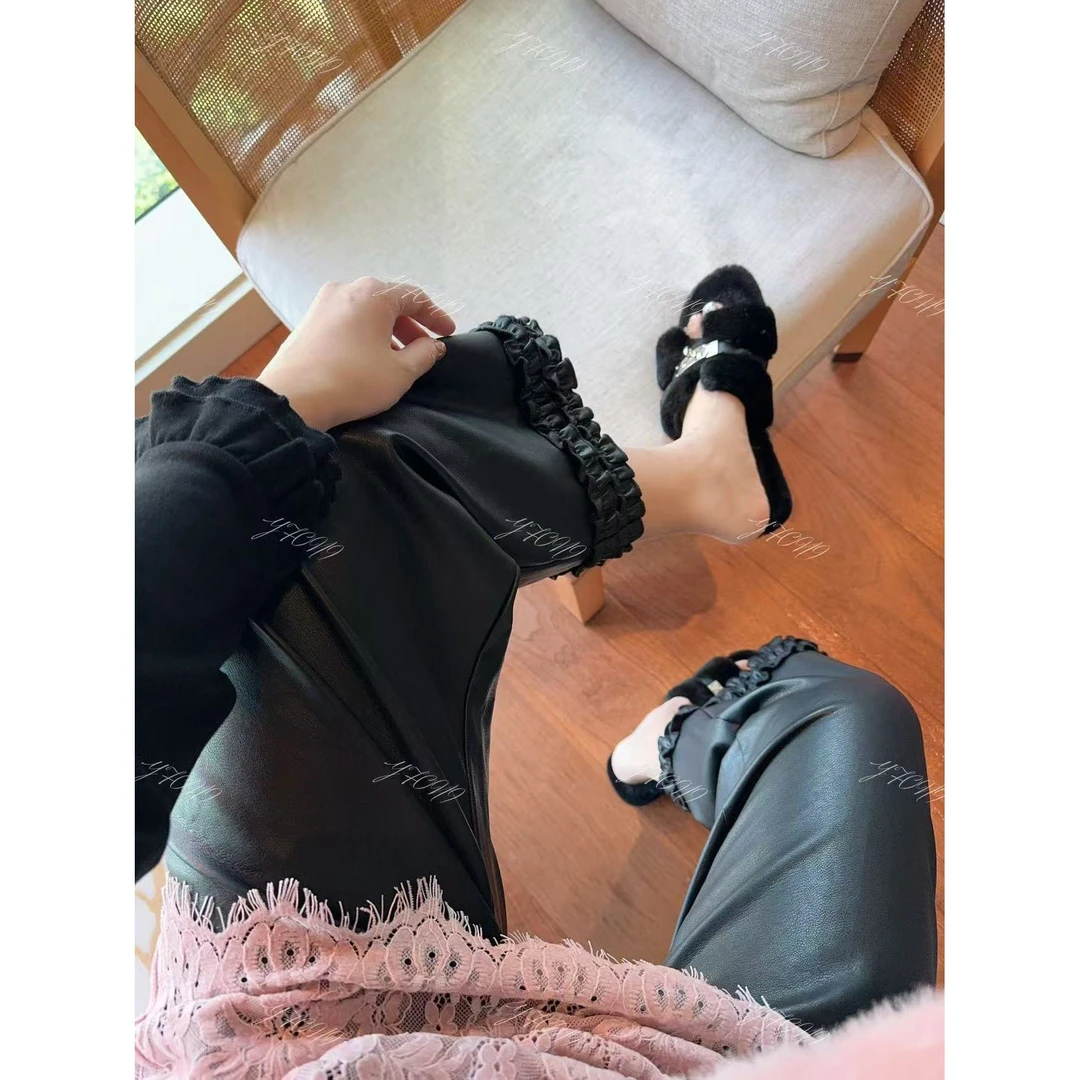 【YFONI】直筒显瘦黑色双层压褶花边皮裤