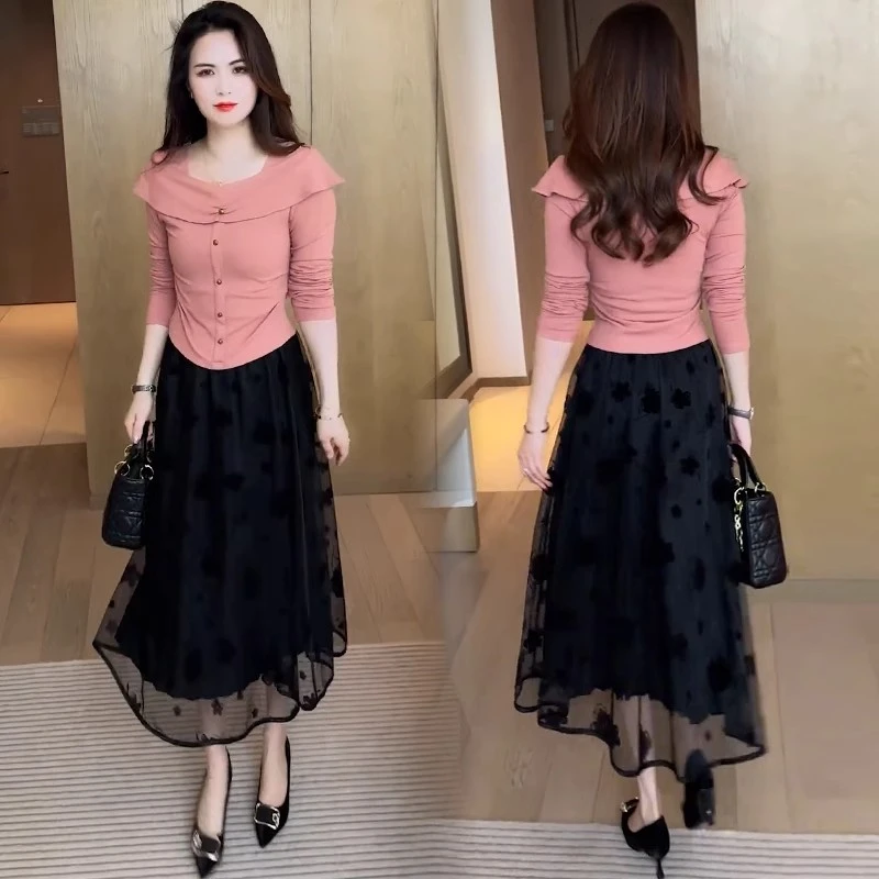 时尚连衣裙套装女夏季新款洋气质显瘦一字肩长袖T恤网纱裙两件套