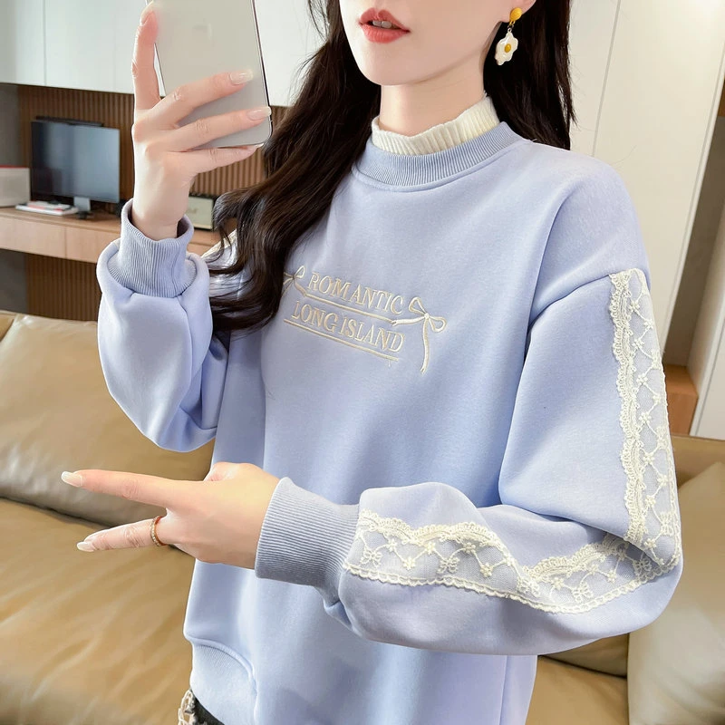 半高领卫衣女秋冬韩版宽松加绒加厚小个子蕾丝花边初中生保暖外套