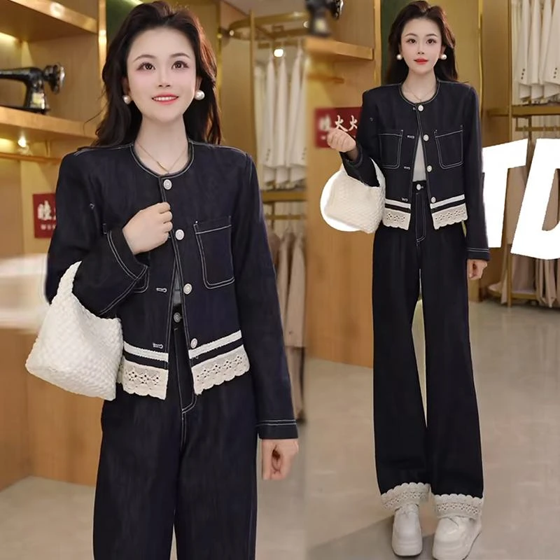 春季套装设计感下摆蕾丝单排扣牛仔外套女2025高腰半身长裙两件套