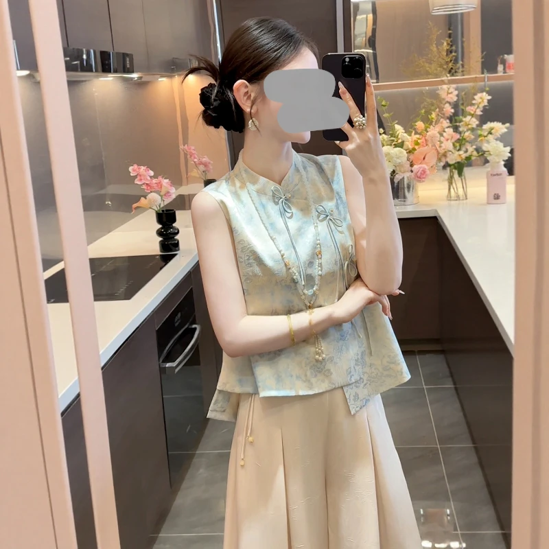 新款中式国风立领盘扣无袖马甲坎肩女夏复古文雅套装两件套阔腿裤