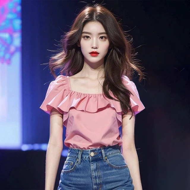 法式高级感上衣独特漂亮小衫夏季新款时尚显瘦荷叶边粉色短袖衬衫