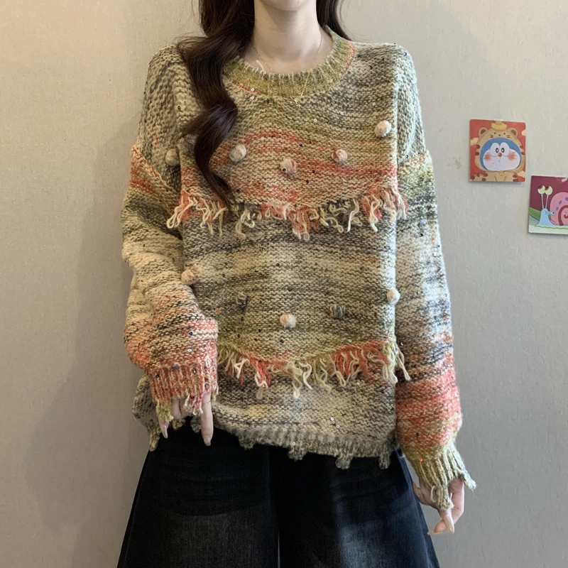 渐变色立体毛球流苏套头毛衣女冬2025胖MM新款设计感宽松显瘦上衣