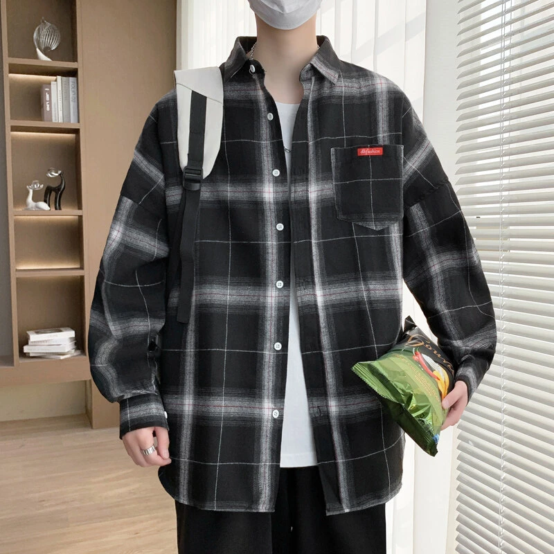 2025春季时尚百搭男士格子衬衫学院风青少年时尚百搭外穿衬衣外套