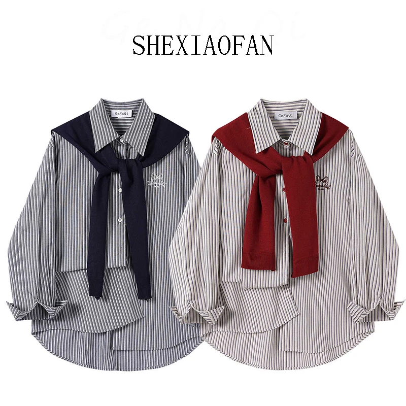 春季新款简约气质百搭披肩衬衫女春季新款设计感休闲刺绣条纹衬衣