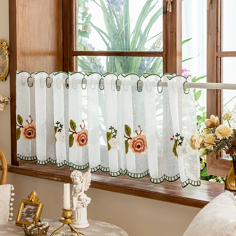 美式田园刺绣咖啡帘纱帘半帘短帘免打孔成品窗帘厨房小窗帘遮挡帘