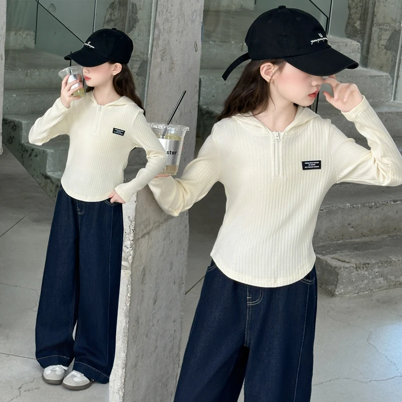 女童套装秋装洋气女大童6-12岁15岁半拉链长袖儿童春秋休闲牛仔裤