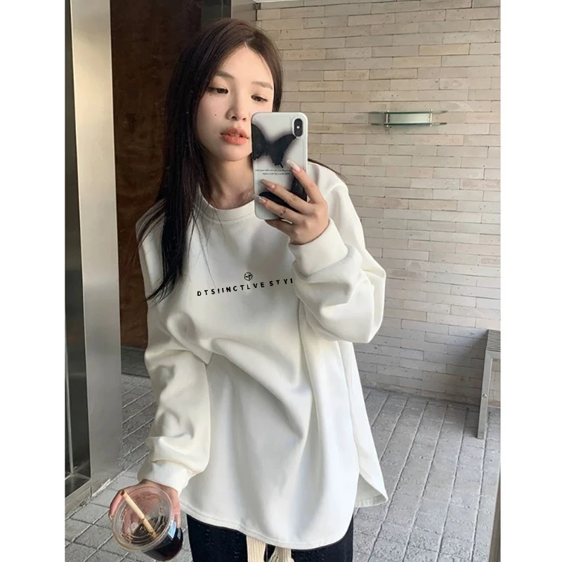 长袖T恤女2025秋冬新款设计感开叉刺绣带袖头宽松显瘦大版型上衣
