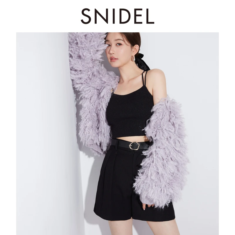 【粉丝专属】SNIDEL落肩宽松V领流苏毛绒针织开衫外套SWNT235113