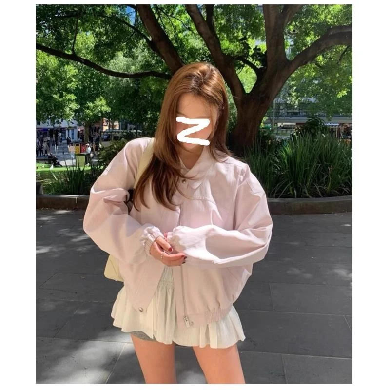 2025春秋季新款浅粉色休闲翻领拉链短裤夹克百搭外套女8012#