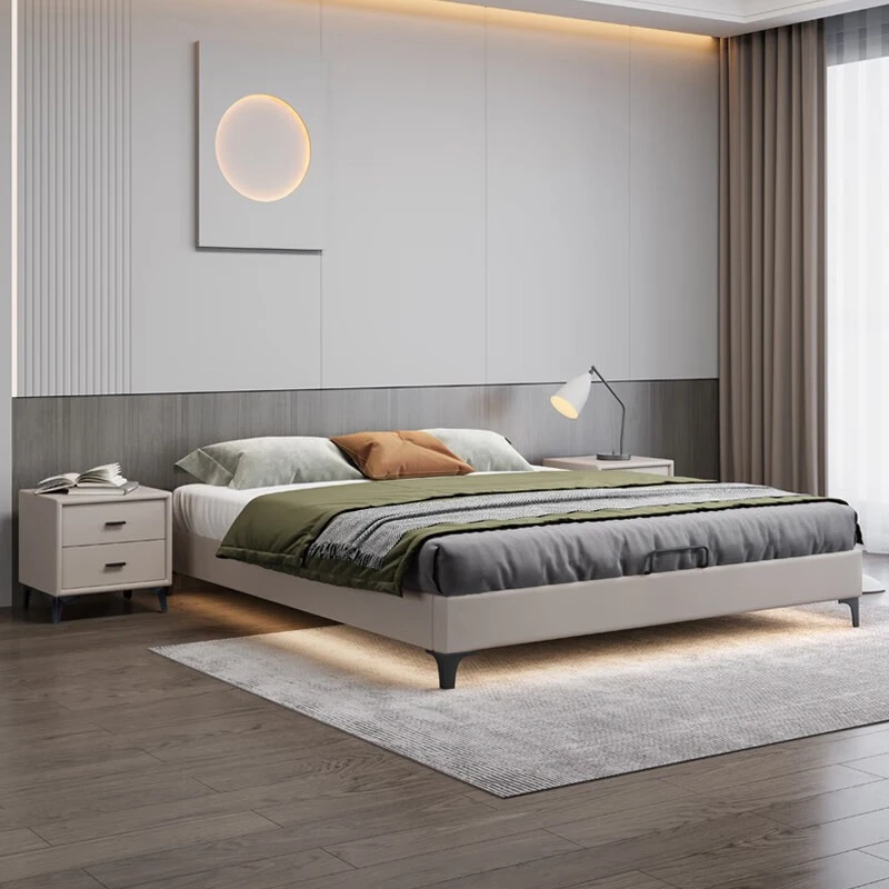实木无床头悬浮床意式极简皮床现代简约主卧室轻奢无靠背齐边床