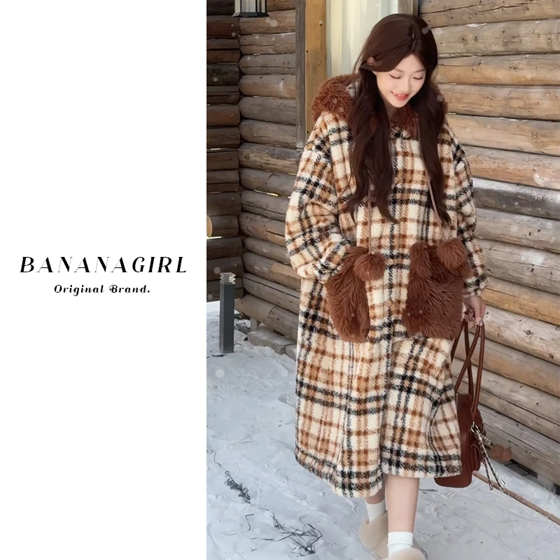 香蕉女孩【冬意】睡衣女秋冬连帽格子睡袍保暖大码加厚家居服可外穿