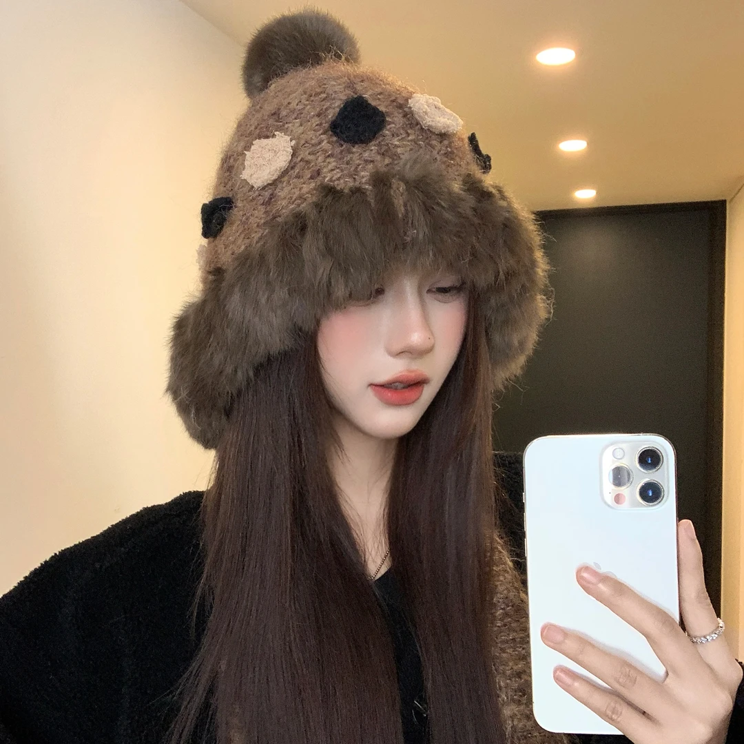 秋冬季兔毛保暖护耳显脸小帽子女防寒加厚绑带毛茸茸雷锋帽针织帽