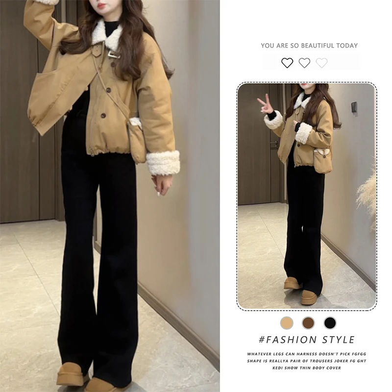 韩系复古美拉德翻领短款外套女冬季加绒美式小个子机车羊羔毛夹克