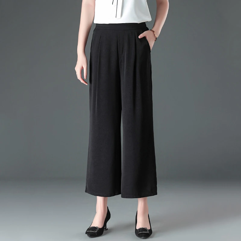 显瘦阔腿裤女爆款2025新款夏季薄款休闲裤妈妈装仿真丝裤子松紧腰